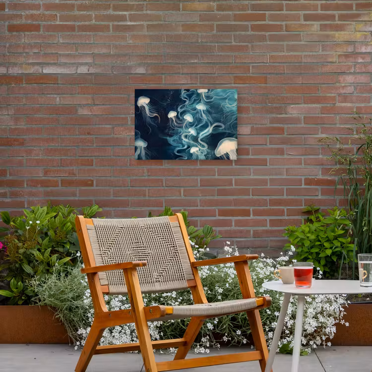 Kwallen - Zee - Wit - Golven Tuinposter op houten frame 2 cm dik klein -sfeer3
