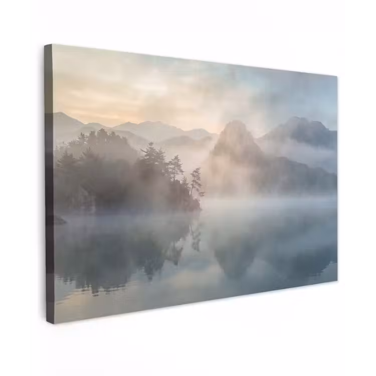 Landschap - Bergen - Mist - Water - Natuur Tuinposter op houten frame 2 cm dik klein -3d