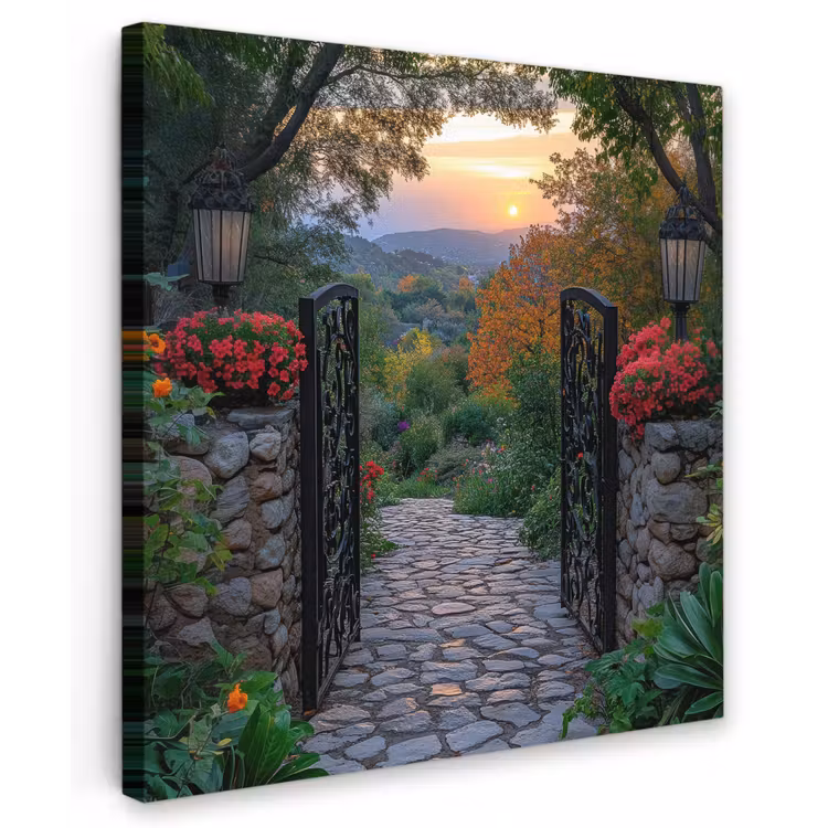 Landschap - Hek - Pad - Zonsondergang - Natuur Tuinposter op houten frame 2 cm dik middel -3d