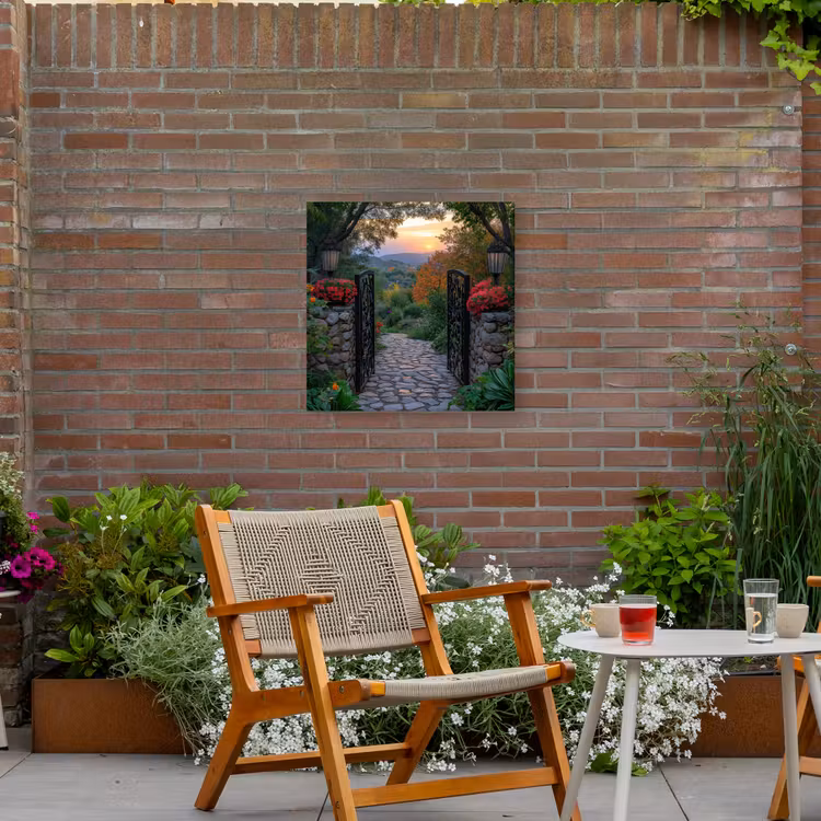 Landschap - Hek - Pad - Zonsondergang - Natuur Tuinposter op houten frame 2 cm dik middel -sfeer3