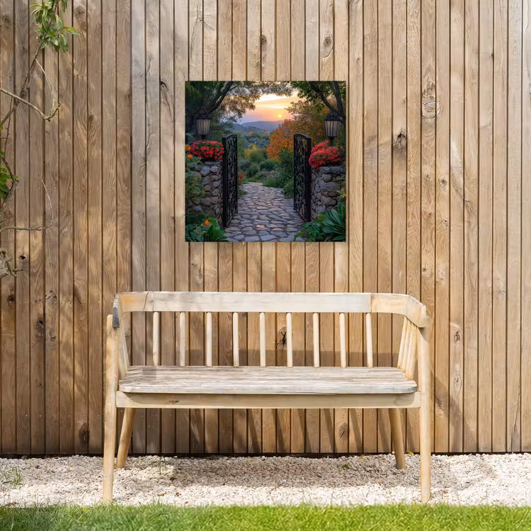 Landschap - Hek - Pad - Zonsondergang - Natuur Tuinposter op houten frame 2 cm dik middel -sfeer4