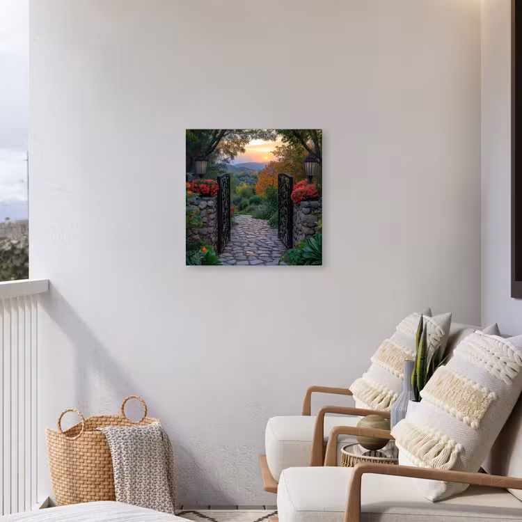 Landschap - Hek - Pad - Zonsondergang - Natuur Tuinposter op houten frame 2 cm dik middel -sfeer1