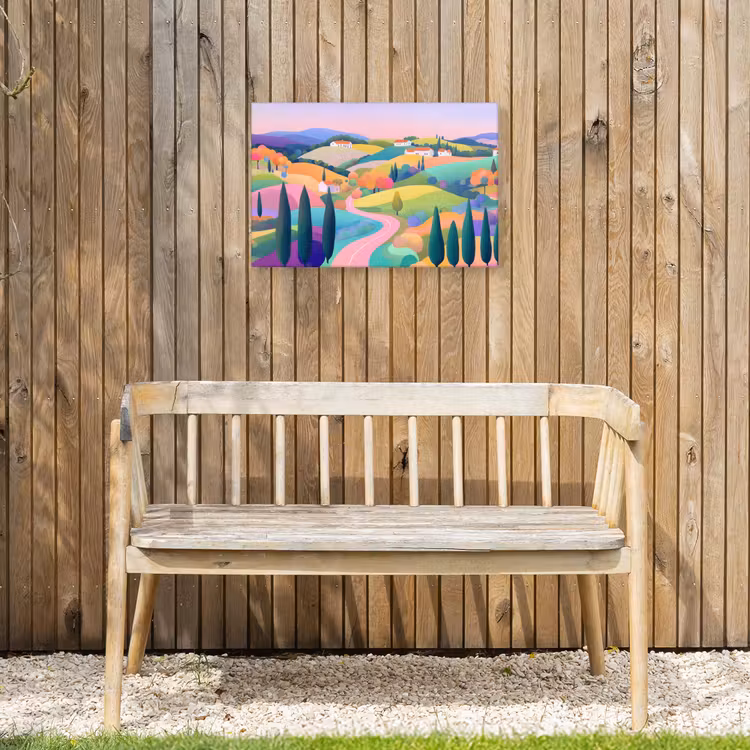 Landschap - Paars - Pastel - Huizen Tuinposter op houten frame 2 cm dik klein -sfeer4