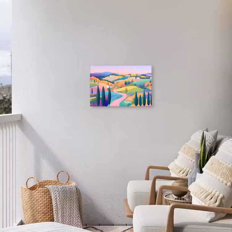 Landschap - Paars - Pastel - Huizen Tuinposter op houten frame 2 cm dik klein -sfeer1