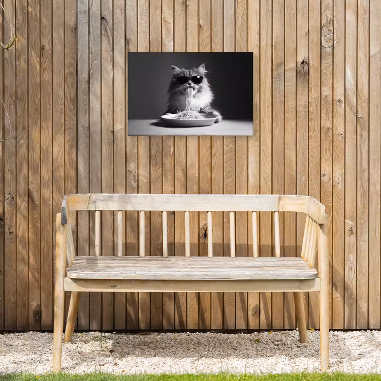 Langharige kat - Zonnebril - Spaghetti - Humor - Zwart - wit Tuinposter op houten frame 2 cm dik klein -sfeer4