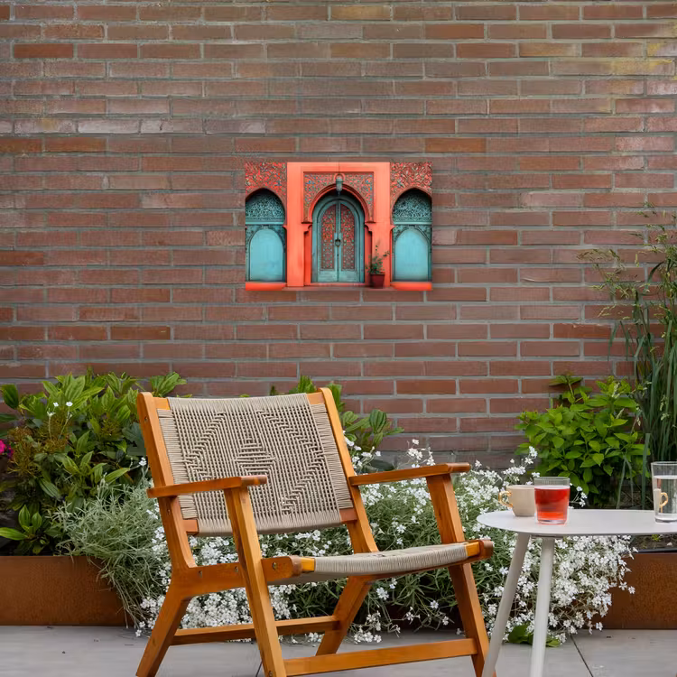 Lantaarn - Deur - Turquoise Tuinposter op houten frame 2 cm dik klein -sfeer3