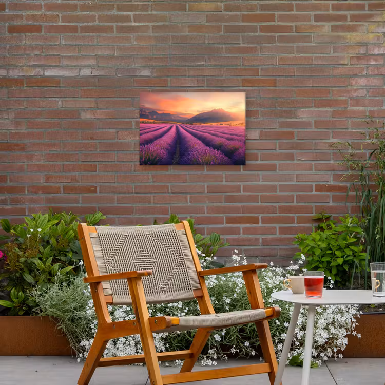 Lavendelveld - Zonsondergang - Paars Tuinposter op houten frame 2 cm dik klein -sfeer3