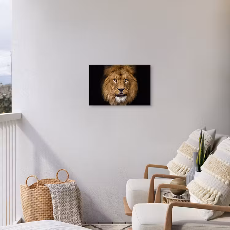 Leeuw - Portret - Zwart - Dieren Tuinposter op houten frame 2 cm dik klein -sfeer1