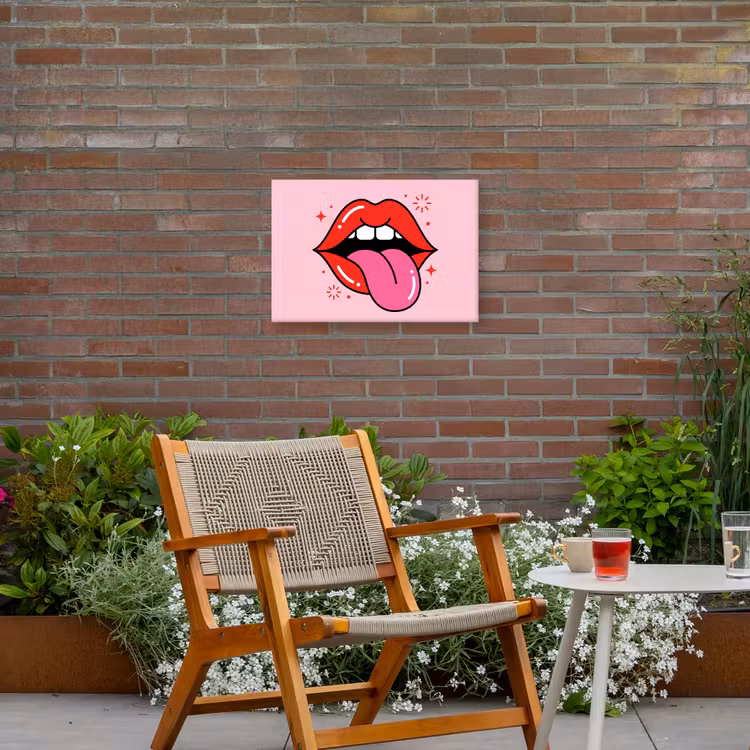 Lippen - Tong - Pop-art - Kleurrijk - Roze Tuinposter op houten frame 2 cm dik klein -sfeer3