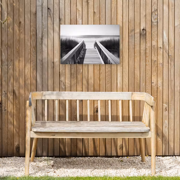 Loopbrug - Hout - Strand - Zee Tuinposter op houten frame 2 cm dik klein -sfeer4
