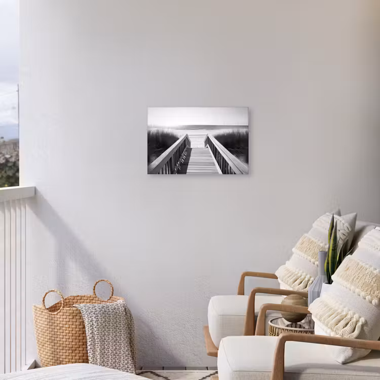Loopbrug - Hout - Strand - Zee Tuinposter op houten frame 2 cm dik klein -sfeer1