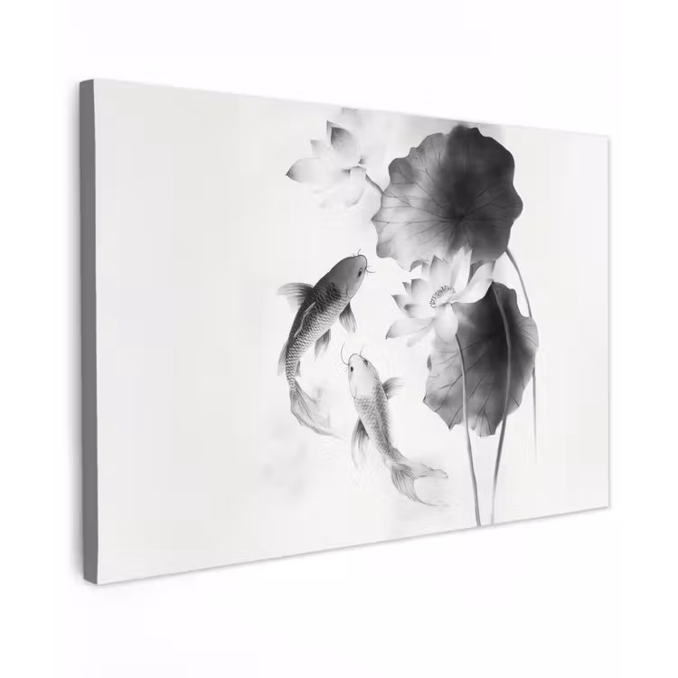 Lotusbloemen - Vissen - Bladeren - Zwart Tuinposter op houten frame 2 cm dik klein -3d