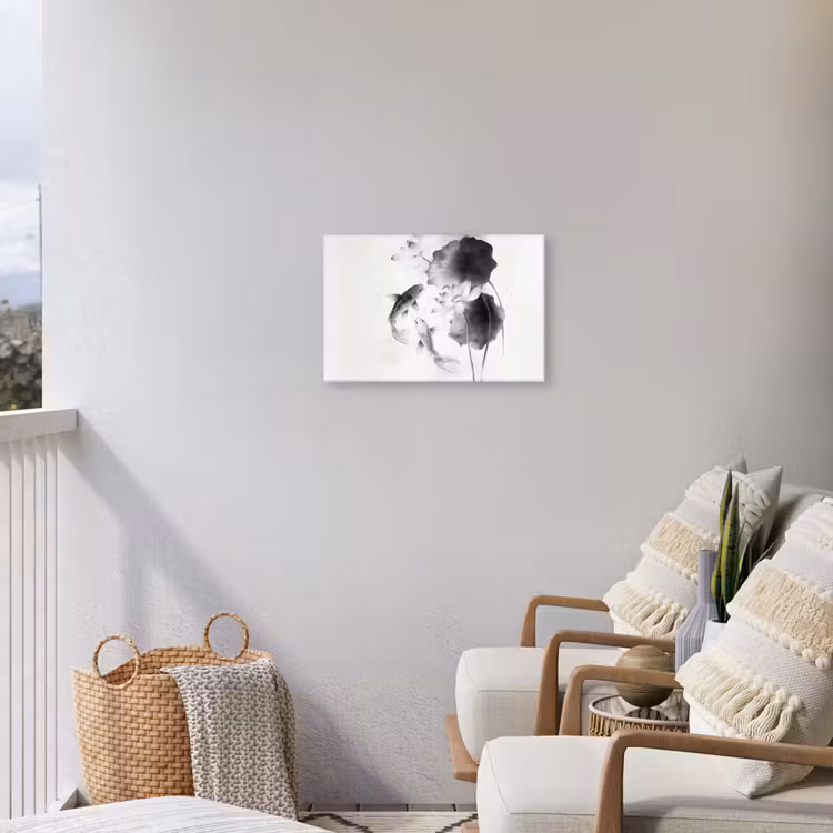 Lotusbloemen - Vissen - Bladeren - Zwart Tuinposter op houten frame 2 cm dik klein -sfeer1
