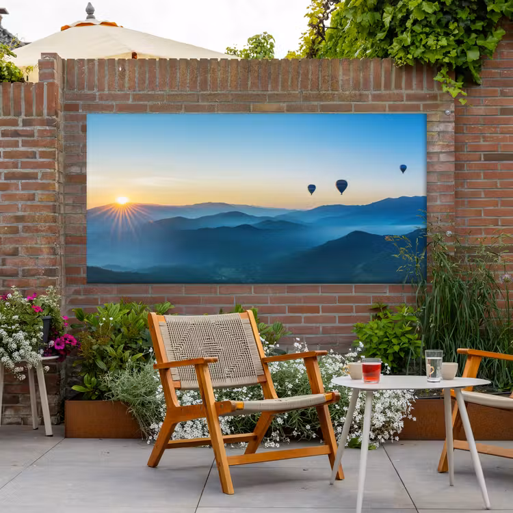 Luchtballonnen - Bergen - Zonsopgang - Landschap Tuinposter op houten frame 2 cm dik xxl -sfeer3