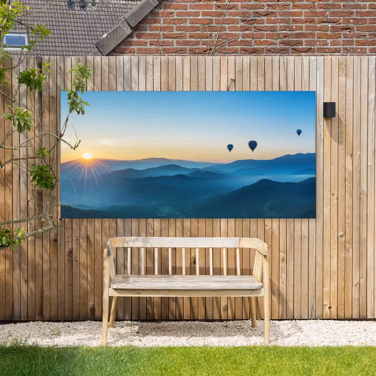 Luchtballonnen - Bergen - Zonsopgang - Landschap Tuinposter op houten frame 2 cm dik xxl -sfeer4