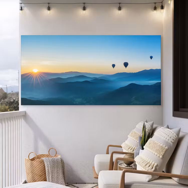 Luchtballonnen - Bergen - Zonsopgang - Landschap Tuinposter op houten frame 2 cm dik xxl -sfeer1