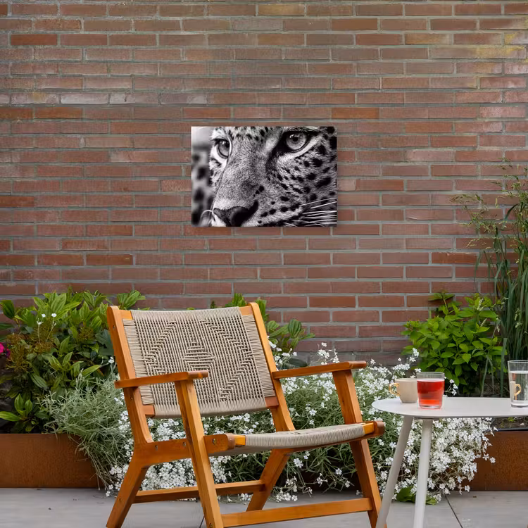 Luipaard - Zwart - Wit - Oog Tuinposter op houten frame 2 cm dik klein -sfeer3