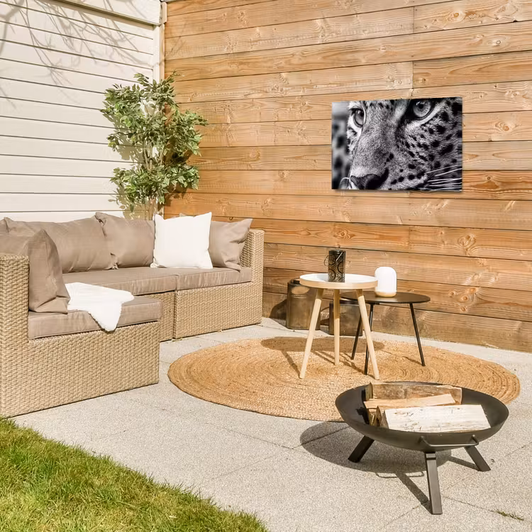 Luipaard - Zwart - Wit - Oog Tuinposter op houten frame 2 cm dik klein -sfeer2