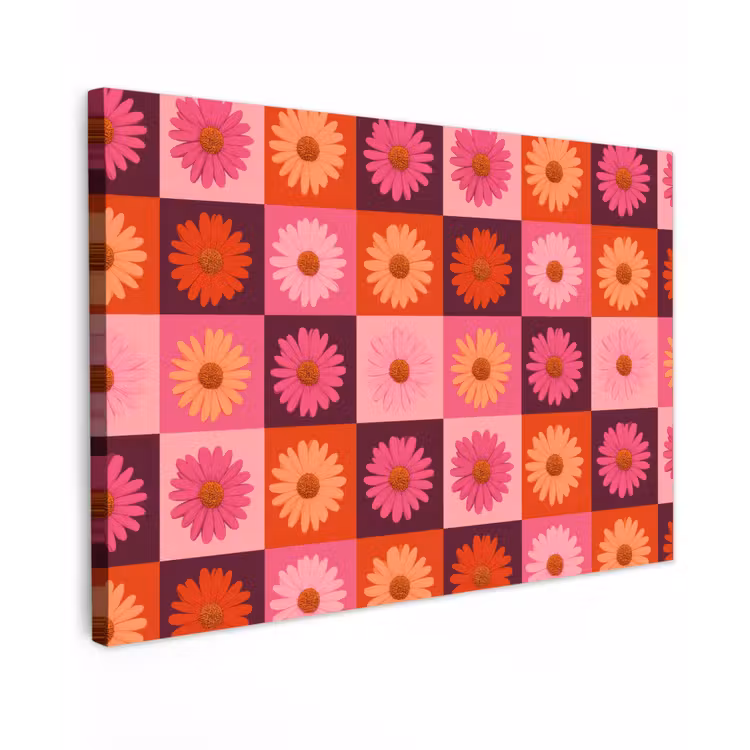 Madeliefjes - Dambord - Retro - Roze - Oranje Tuinposter op houten frame 2 cm dik klein 845 -3d