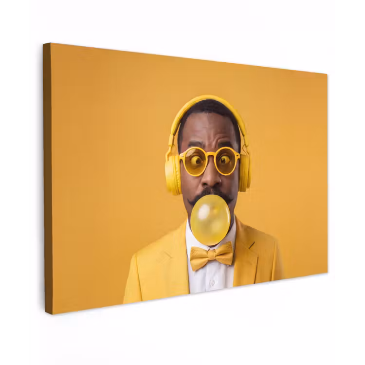 Man - Bubblegum - Portret - Geel - Modern Tuinposter op houten frame 2 cm dik klein -3d