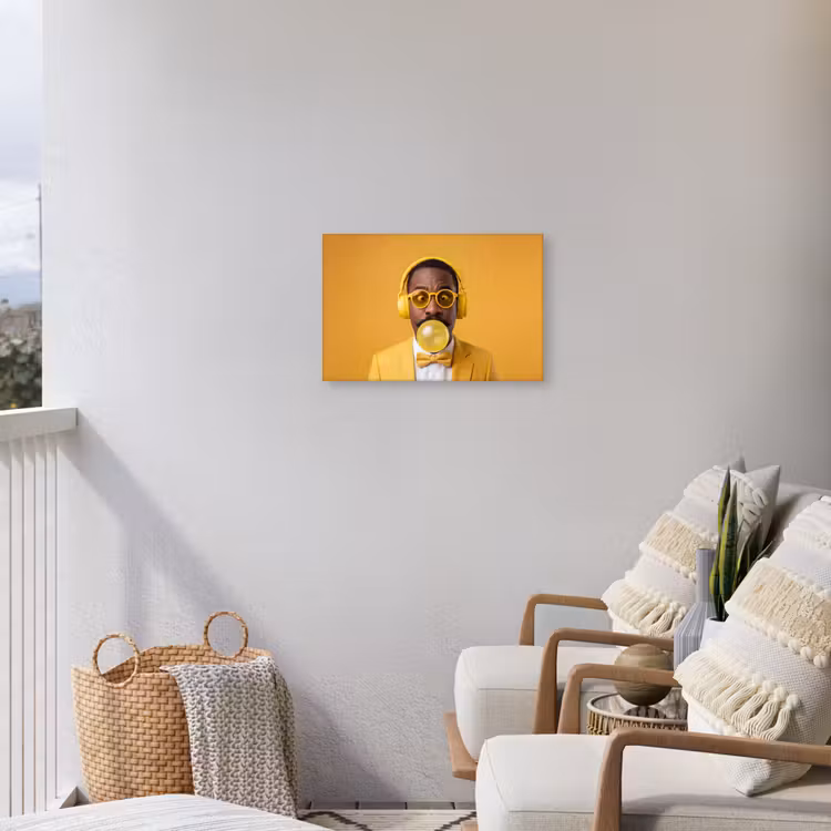 Man - Bubblegum - Portret - Geel - Modern Tuinposter op houten frame 2 cm dik klein -sfeer1