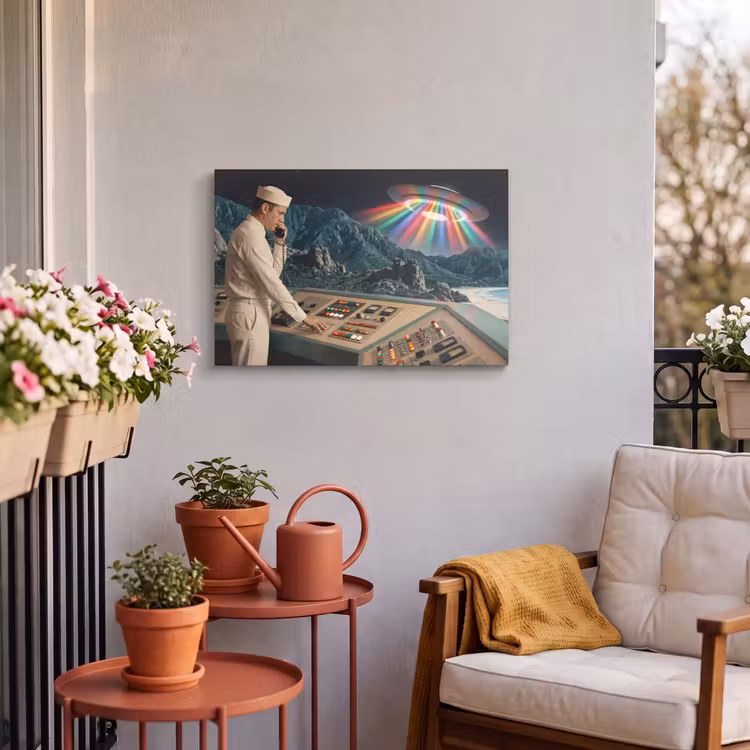 Buiten canvas - Man - Controlekamer - Strand - Man - Controlekamer - Strand Tuinposter op houten frame 2 cm dik klein