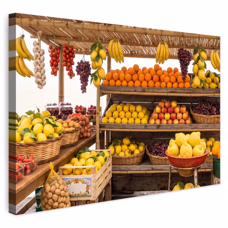 Buiten canvas - Marktkraam - Fruit - Vers - Marktkraam - Fruit - Vers Tuinposter op houten frame 2 cm dik klein