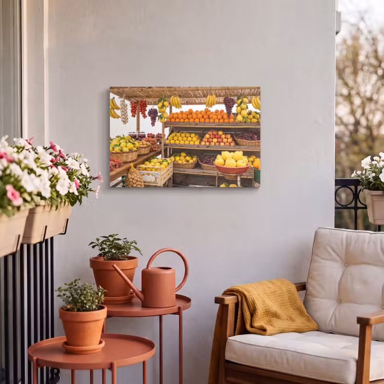 Buiten canvas - Marktkraam - Fruit - Vers - Marktkraam - Fruit - Vers Tuinposter op houten frame 2 cm dik klein