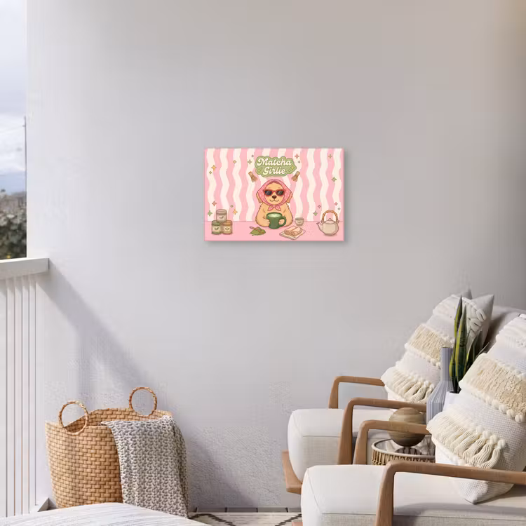 Matcha - Hond - Roze - Groen Tuinposter op houten frame 2 cm dik klein -sfeer1