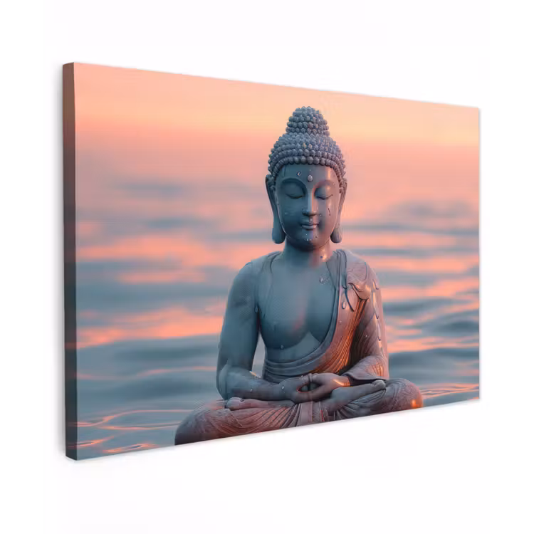 Mediterende Boeddha bij zonsondergang Tuinposter op houten frame 2 cm dik klein -3d