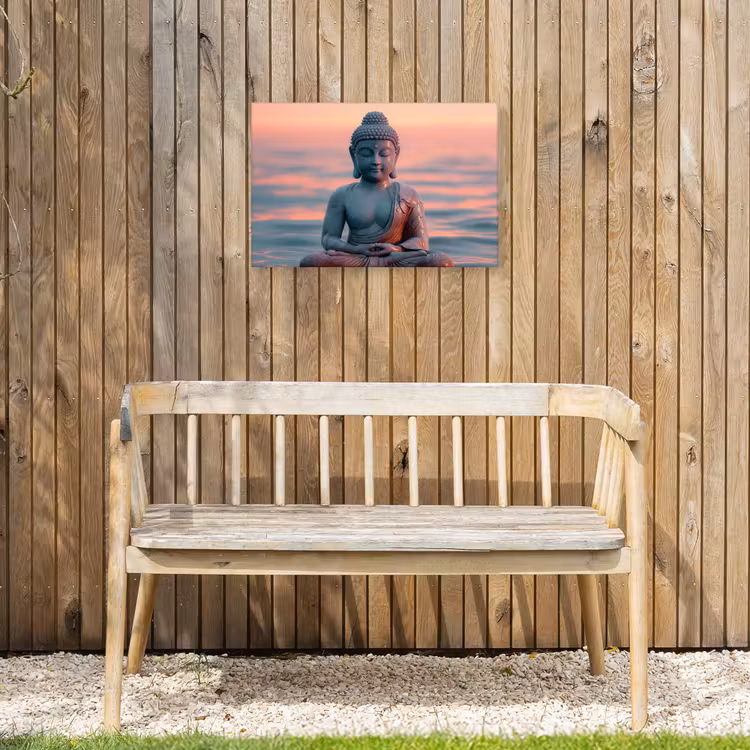 Mediterende Boeddha bij zonsondergang Tuinposter op houten frame 2 cm dik klein -sfeer4
