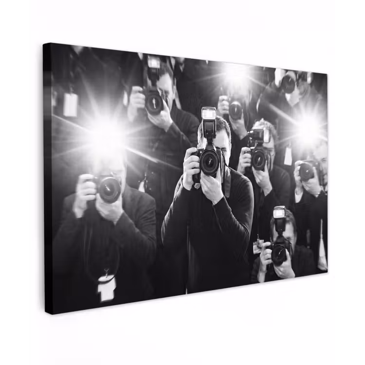 Mensen - Camera - Flitslicht - Zwart-wit - Media Tuinposter op houten frame 2 cm dik klein -3d