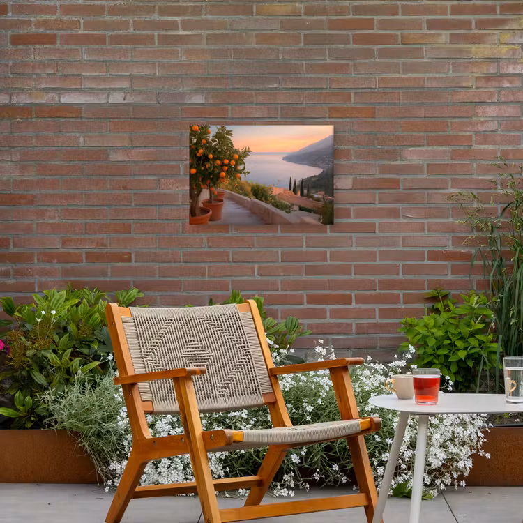 Middelandse zee - Sinaasappel - Heuvels - Zee Tuinposter op houten frame 2 cm dik klein -sfeer3