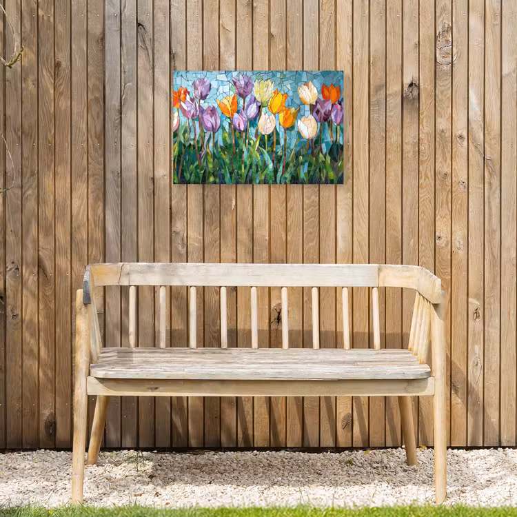 Mozaïek - Veld - Tulpen - Kleurrijk Tuinposter op houten frame 2 cm dik klein -sfeer4