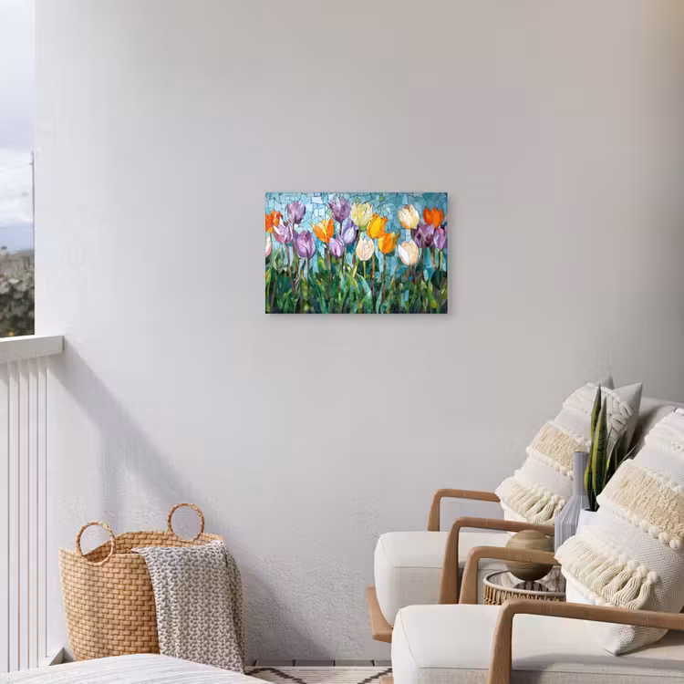 Mozaïek - Veld - Tulpen - Kleurrijk Tuinposter op houten frame 2 cm dik klein -sfeer1