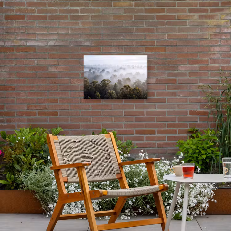 Natuur - Mist - Bos - Ochtend - Goud Tuinposter op houten frame 2 cm dik klein -sfeer3
