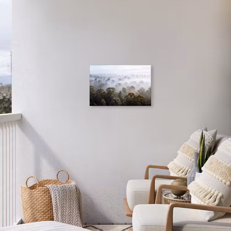 Natuur - Mist - Bos - Ochtend - Goud Tuinposter op houten frame 2 cm dik klein -sfeer1