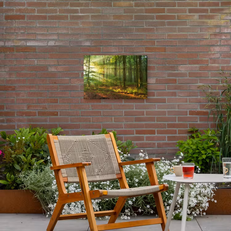 Ochtendlicht in het bos Tuinposter op houten frame 2 cm dik klein -sfeer3