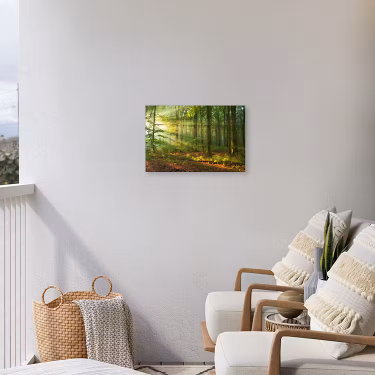 Ochtendlicht in het bos Tuinposter op houten frame 2 cm dik klein -sfeer1