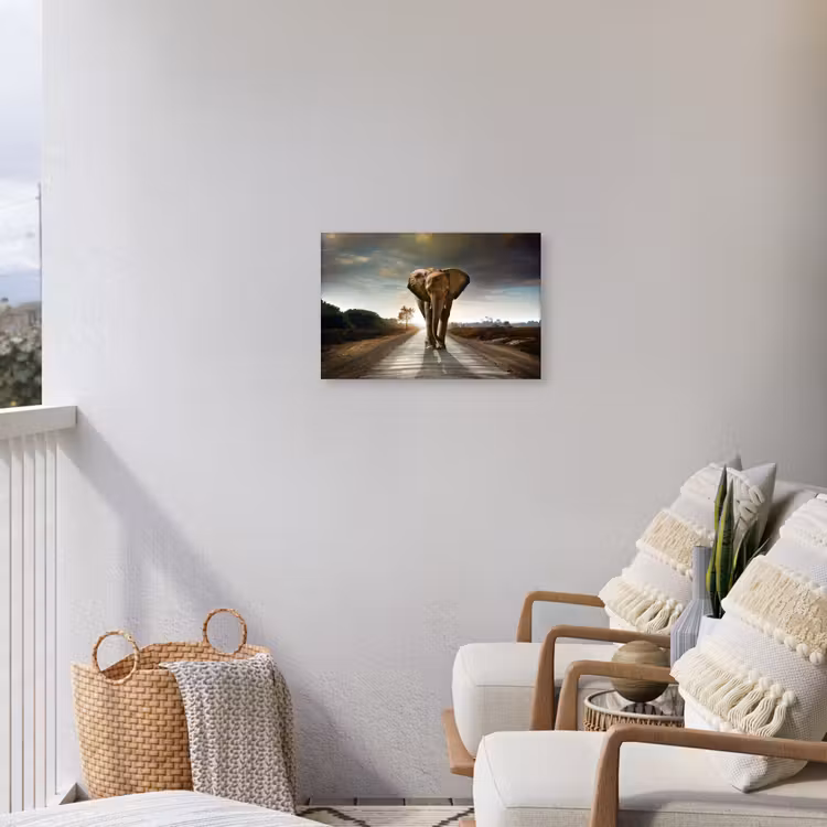 Olifant - Weg - Dieren - Zonsondergang - Landschap Tuinposter op houten frame 2 cm dik klein -sfeer1