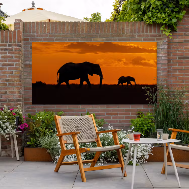 Olifanten - Savanne - Zonsondergang Tuinposter op houten frame 2 cm dik xxl -sfeer3
