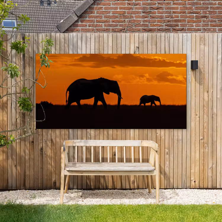 Olifanten - Savanne - Zonsondergang Tuinposter op houten frame 2 cm dik xxl -sfeer4
