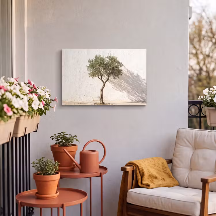 Buiten canvas - Olijfboom - muur - wit - Olijfboom - muur - wit Tuinposter op houten frame 2 cm dik klein