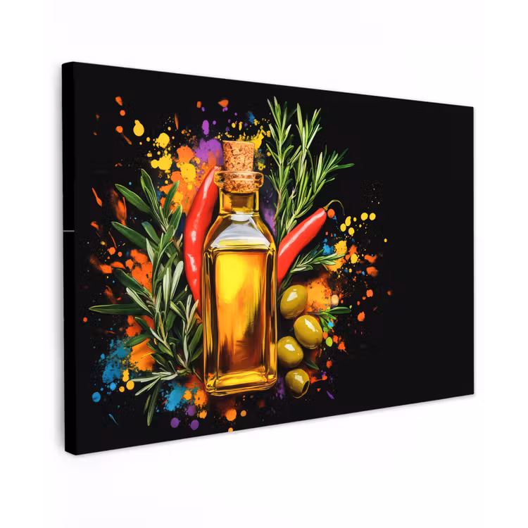Olijfolie - Graffiti - Peper - Olijven - Modern Tuinposter op houten frame 2 cm dik klein -3d