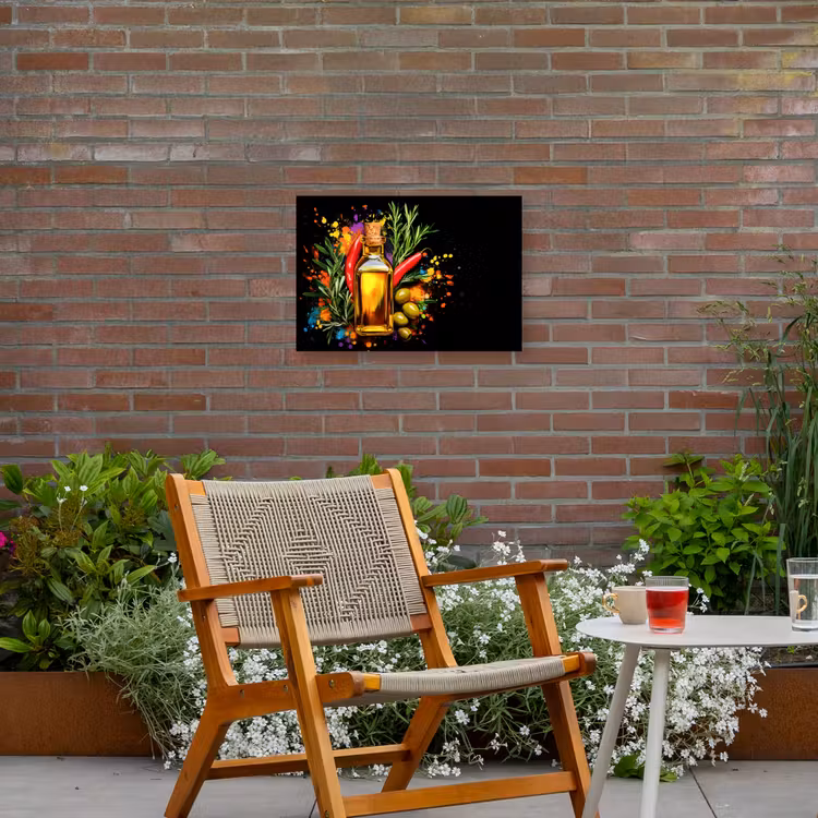 Olijfolie - Graffiti - Peper - Olijven - Modern Tuinposter op houten frame 2 cm dik klein -sfeer3