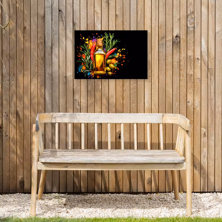 Olijfolie - Graffiti - Peper - Olijven - Modern Tuinposter op houten frame 2 cm dik klein -sfeer4