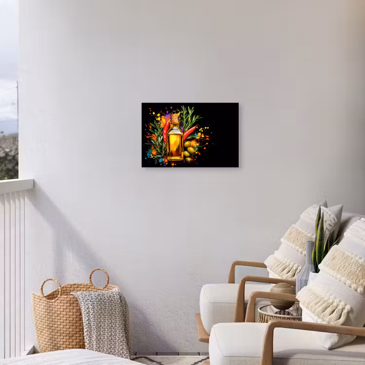 Olijfolie - Graffiti - Peper - Olijven - Modern Tuinposter op houten frame 2 cm dik klein -sfeer1