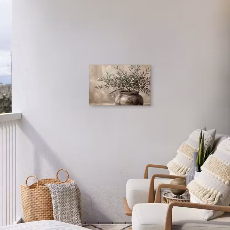 Olijfplant - Aardenpot - Abstract - Beige Tuinposter op houten frame 2 cm dik klein -sfeer1