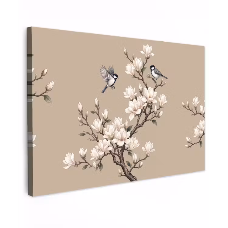 Oosters - Vogels - Beige Tuinposter op houten frame 2 cm dik klein -3d