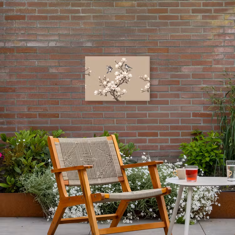 Oosters - Vogels - Beige Tuinposter op houten frame 2 cm dik klein -sfeer3